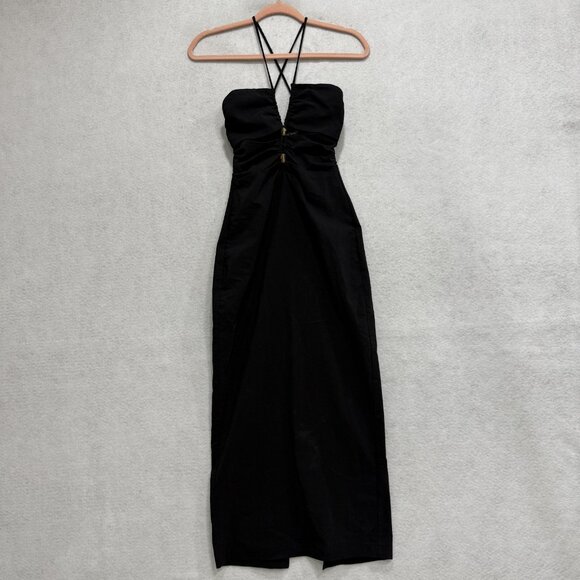 Zara Dress Womens XS Black Strappy Bodycon Midi Ruched Front Slit Evening - Picture 1 of 9